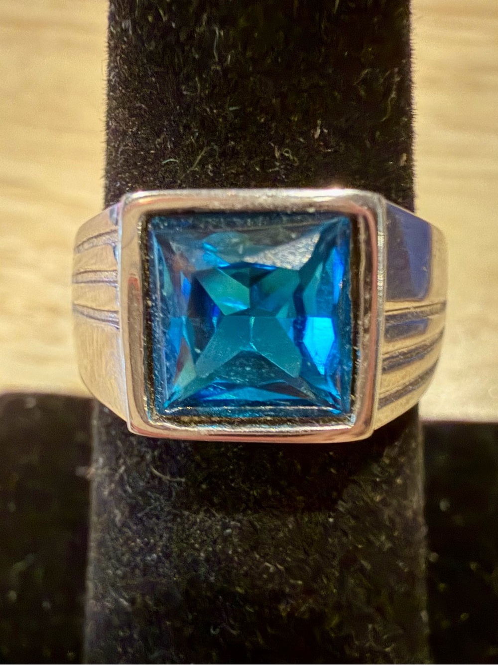 Square Blue Topaz Gem Silver-Tone Men's Pinky Ring